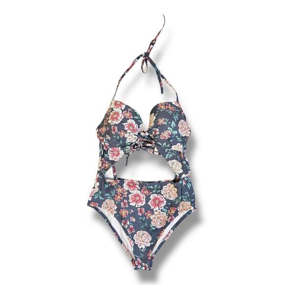 Shade & Shore Gray and Pink Floral One Piece Swimsuit Sz 36C - Picture 3 of 10